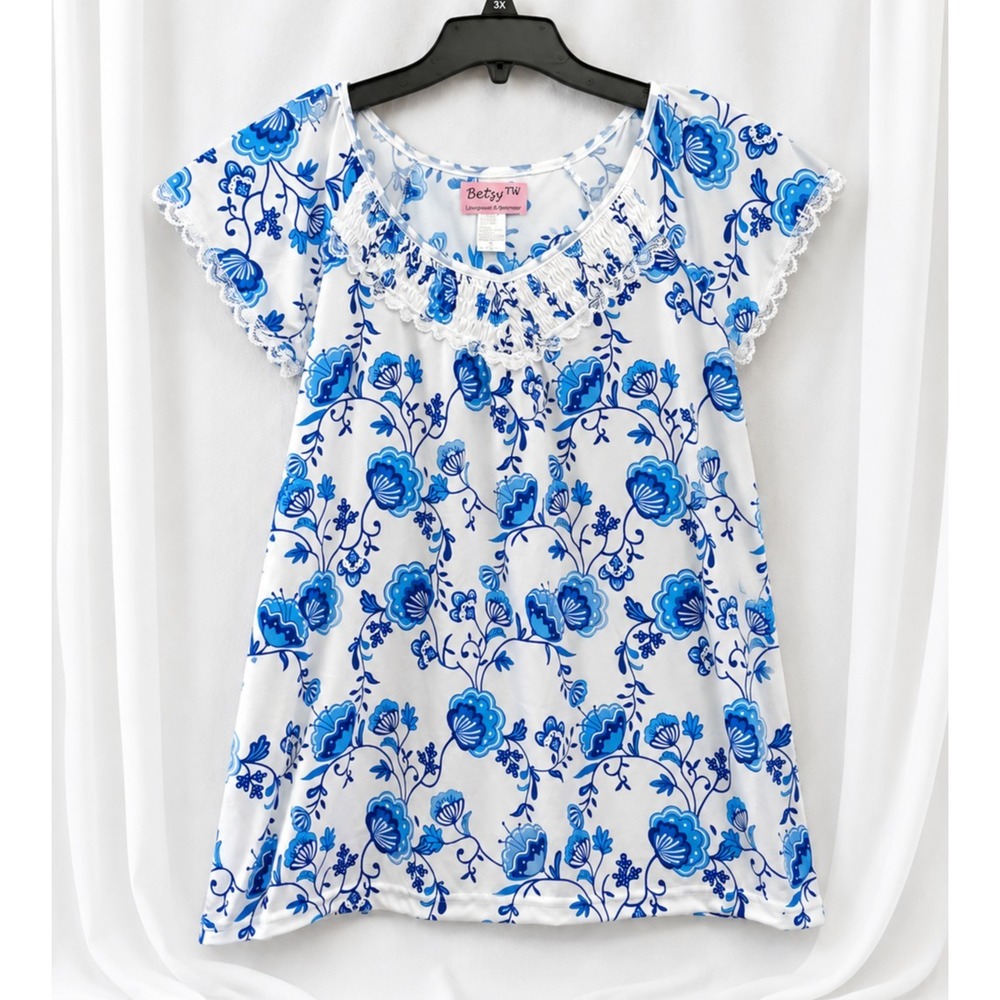 Womens Floral Nightgown L Blue White Lace Trim Short Sleeve Lounge Sleep Shirt